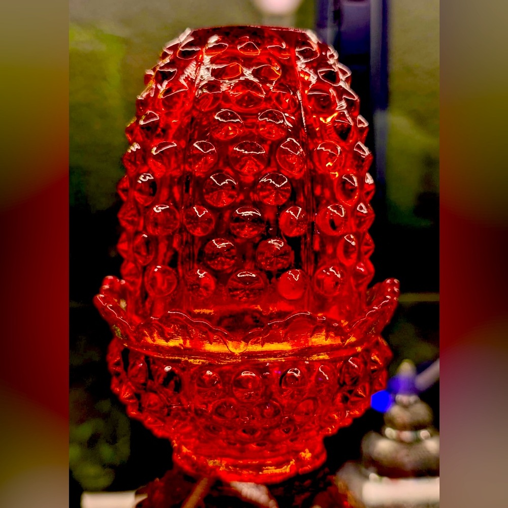 Vintage Fenton Amberina Opalescent Glass Hobnail Fairy Lamp Candleholder.